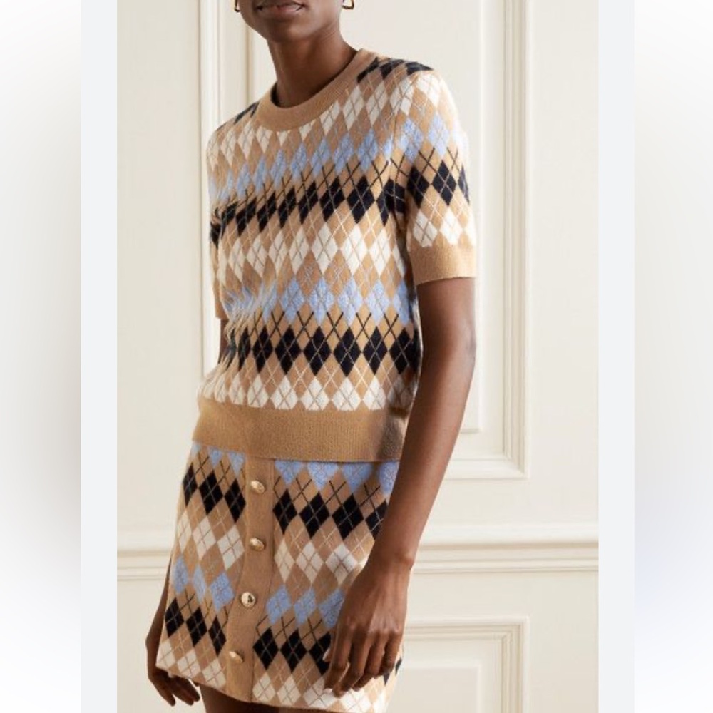 Maje Argyle Sweater in Blue, Black, and Tan